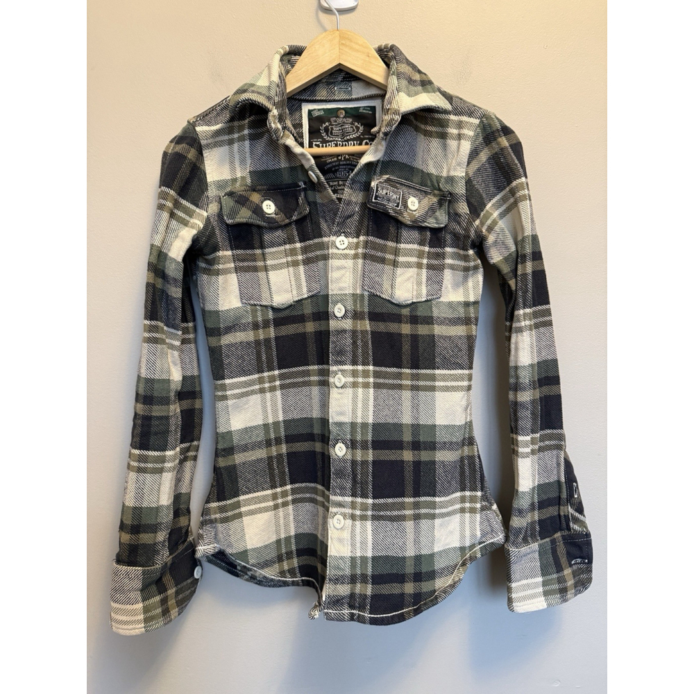 Superdry Checked Plaid Shacket‎ Thick Flannel Blue Beige Size XS MISSING HOOD